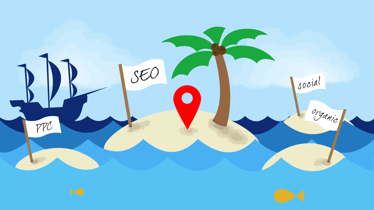 Ilustración de islas en el mar con banderas de SEO, PPC, social y organic junto a un pin de localización, representando las diferentes estrategias de posicionamiento local en Google